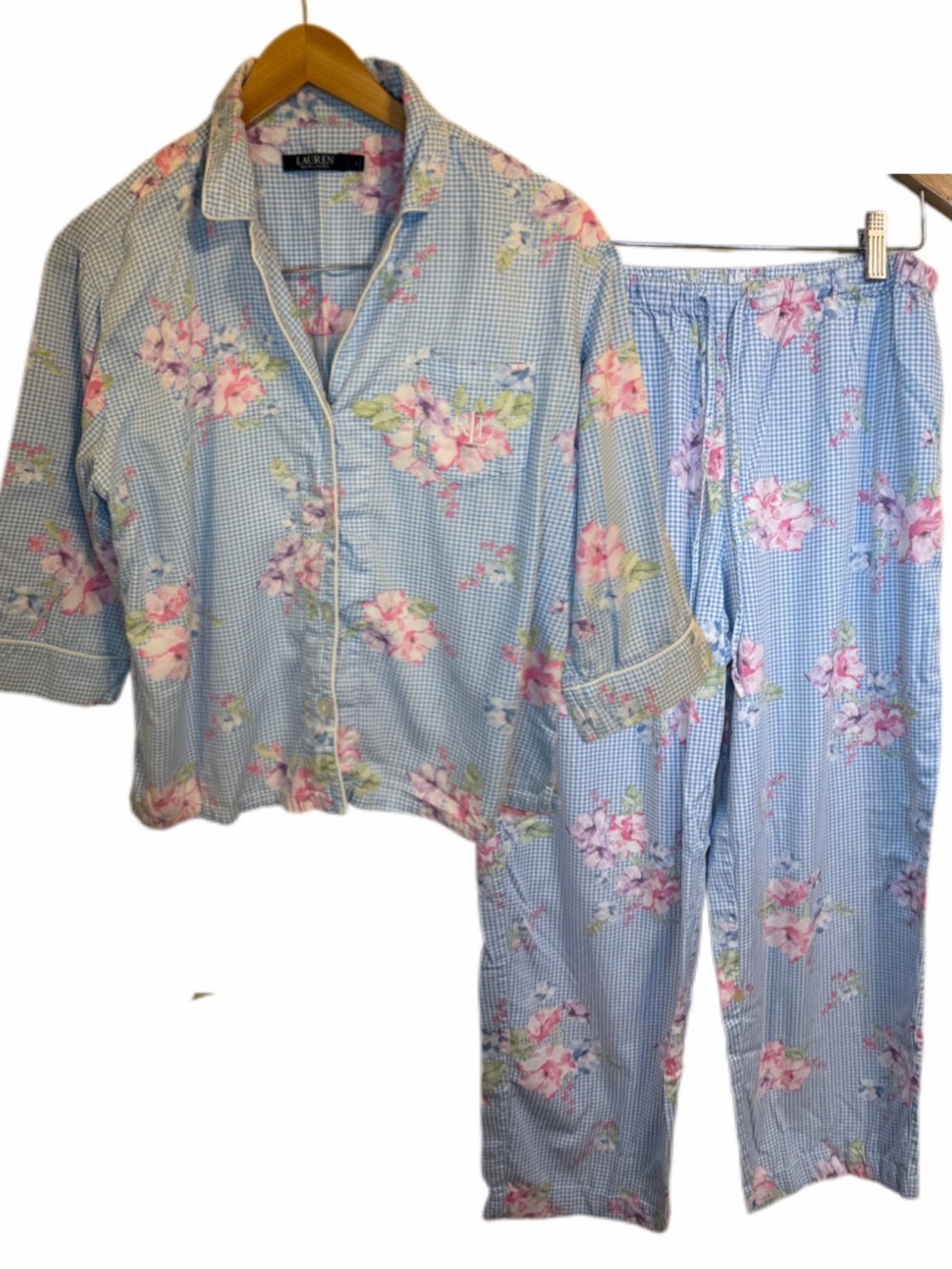 Lauren Ralph Lauren Floral Gingham Pajama Set Size L Blue Pink LRL